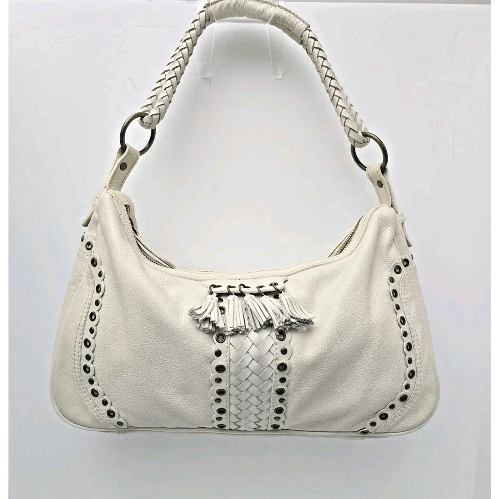 Wilsons Leather Hobo/Shoulder Bag Bronze Studs with Tassels Cream Purse Handbag